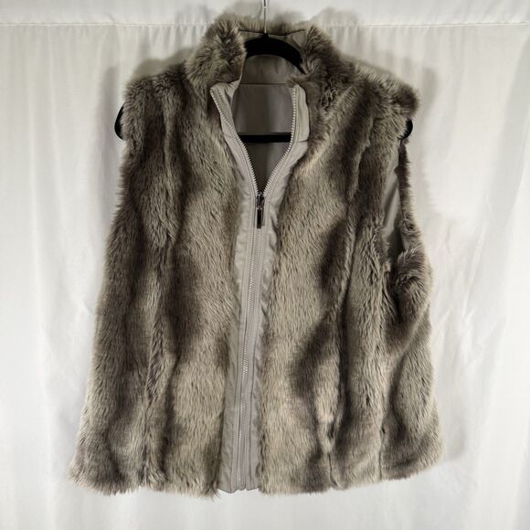 Outdoor Edition Parkhurst Faux Fur Vest Women's Large Brown Grey Full Zip - Picture 1 of 11